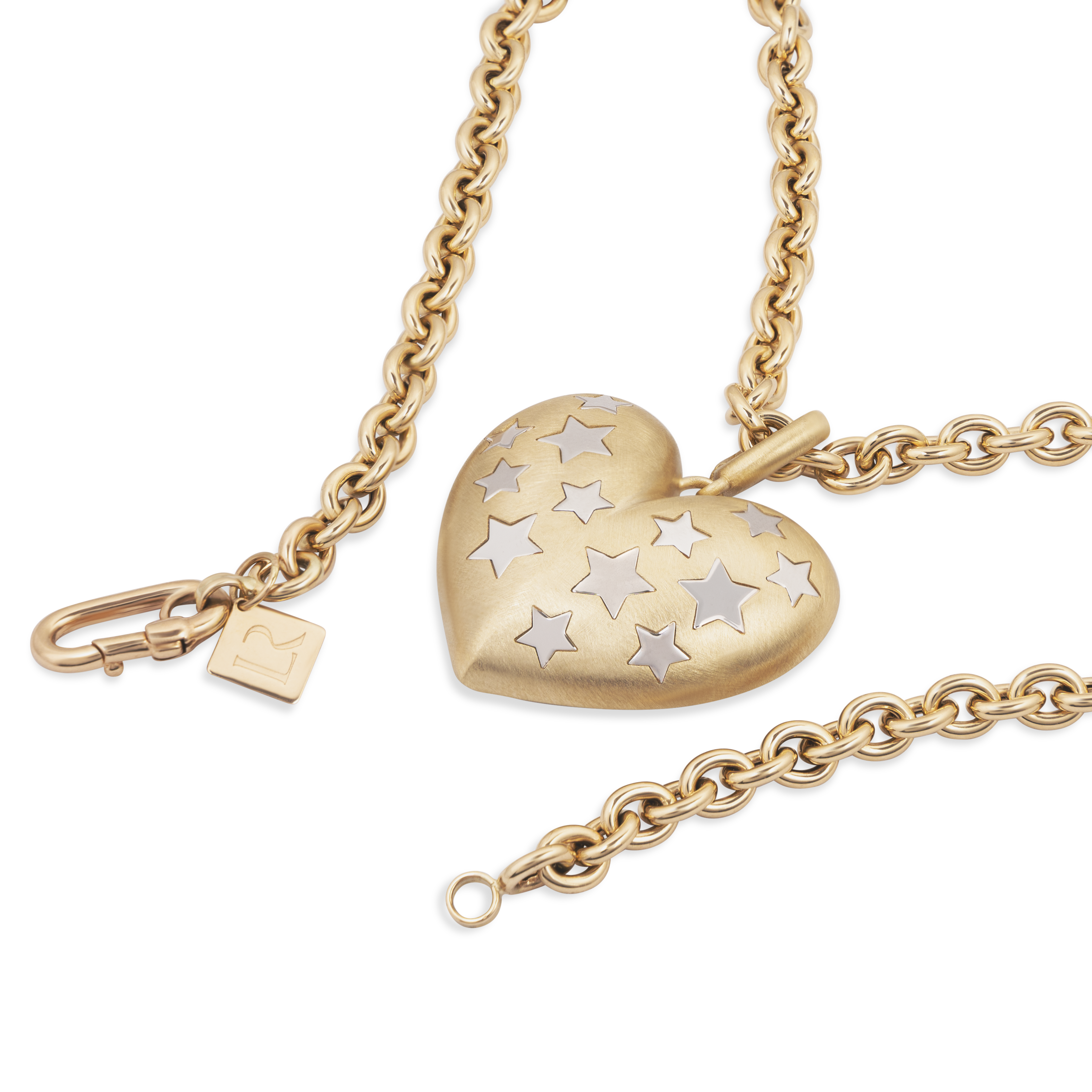 Paulette Brushed Yellow Gold Heart with White Gold Stars Pendant