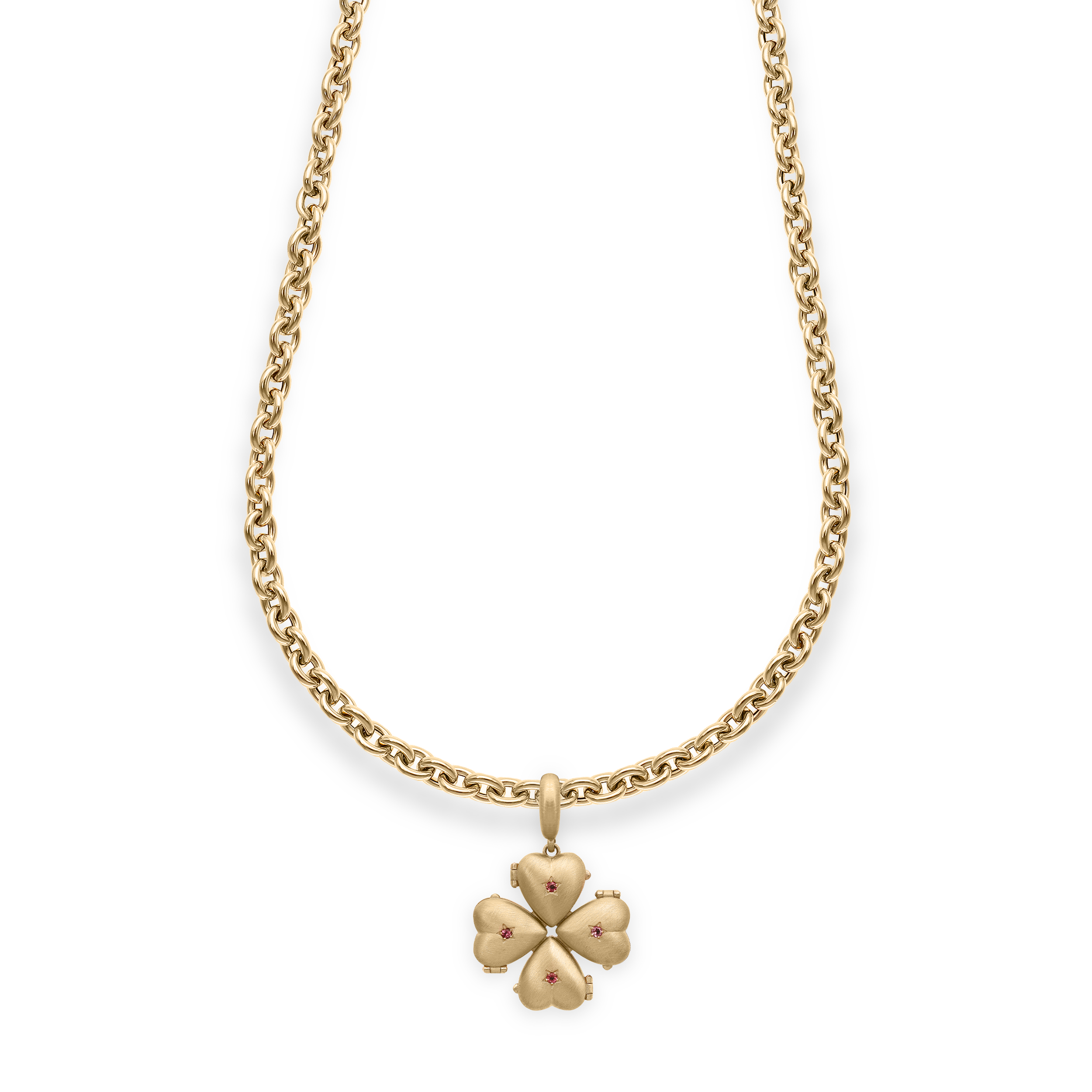 Bruno Brushed Yellow Gold and Tourmalines "Secret" Clover Pendant on Long Chain 