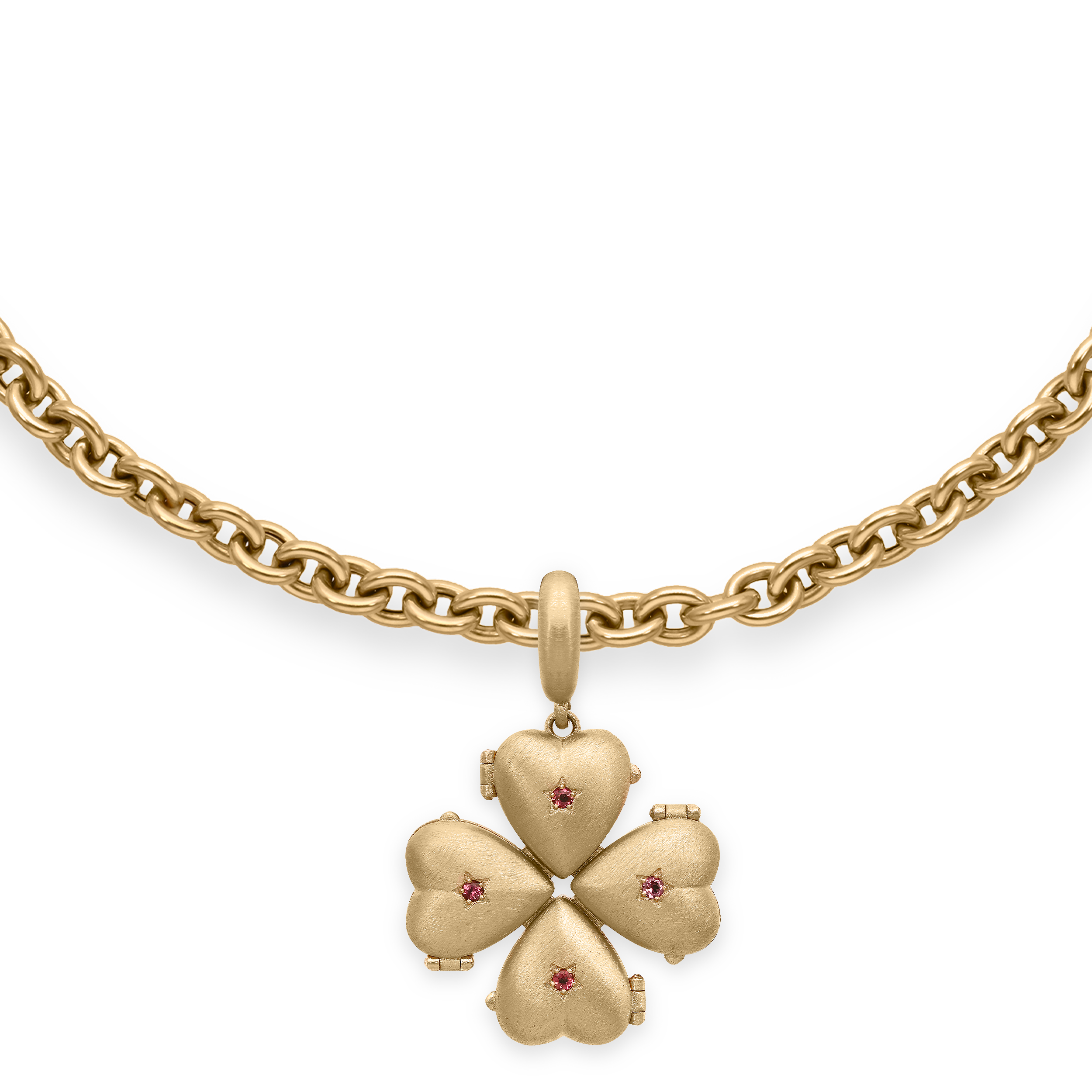 Bruno Brushed Yellow Gold and Tourmalines "Secret" Clover Pendant on Necklace