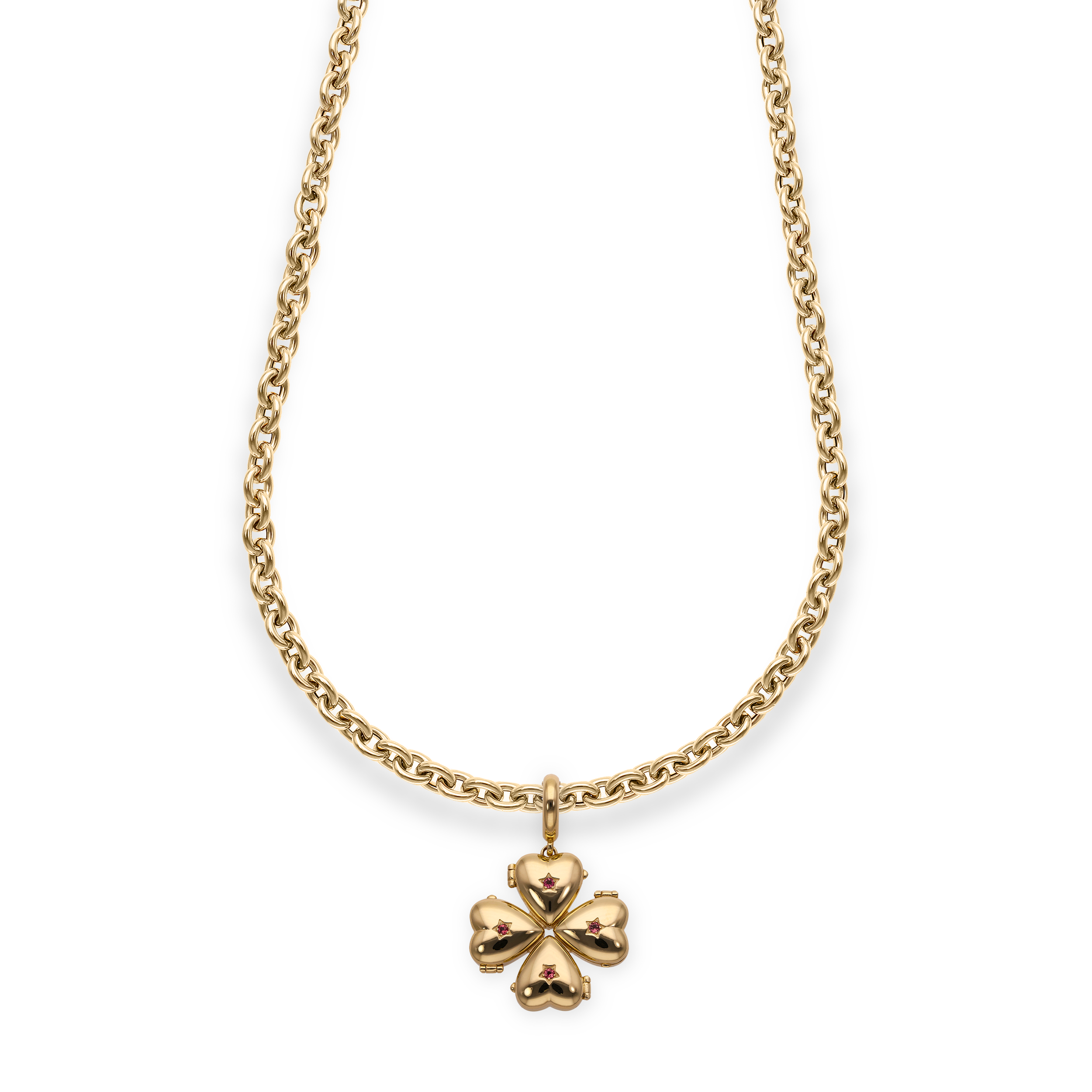 Bruno Yellow Gold and Tourmalines "Secret" Clover Pendant on Long Chain