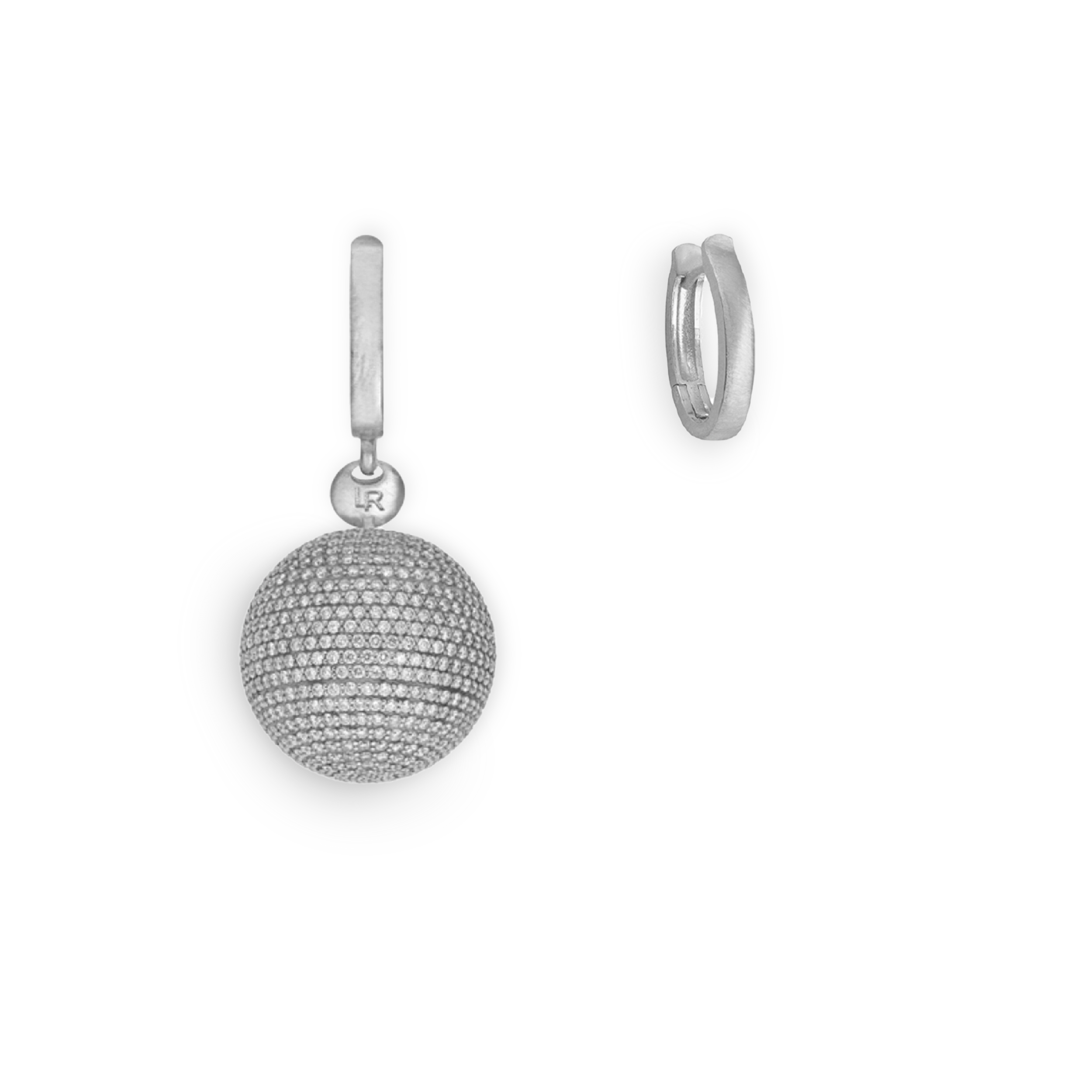 Marella Set of Earrings in Brushed White Gold, one Sphere covered in White Diamonds and one Oval Hoop