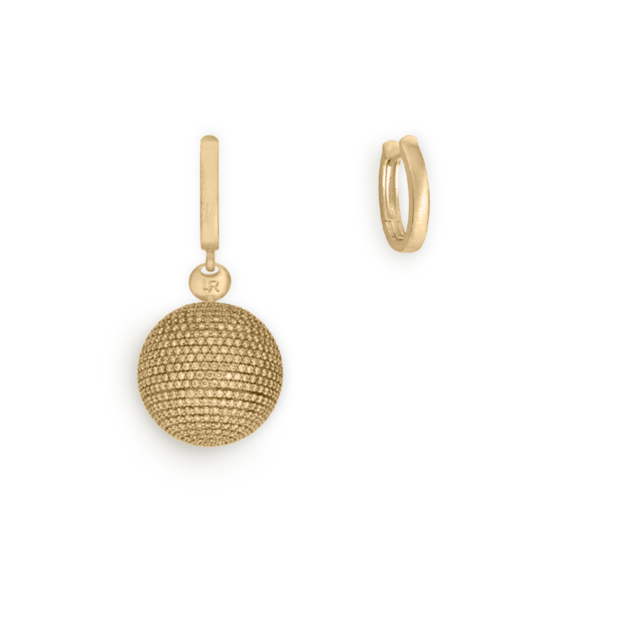 Marella Set of Earrings in Brushed Yellow Gold, one Sphere covered in Yellow Diamonds and one Oval Hoop