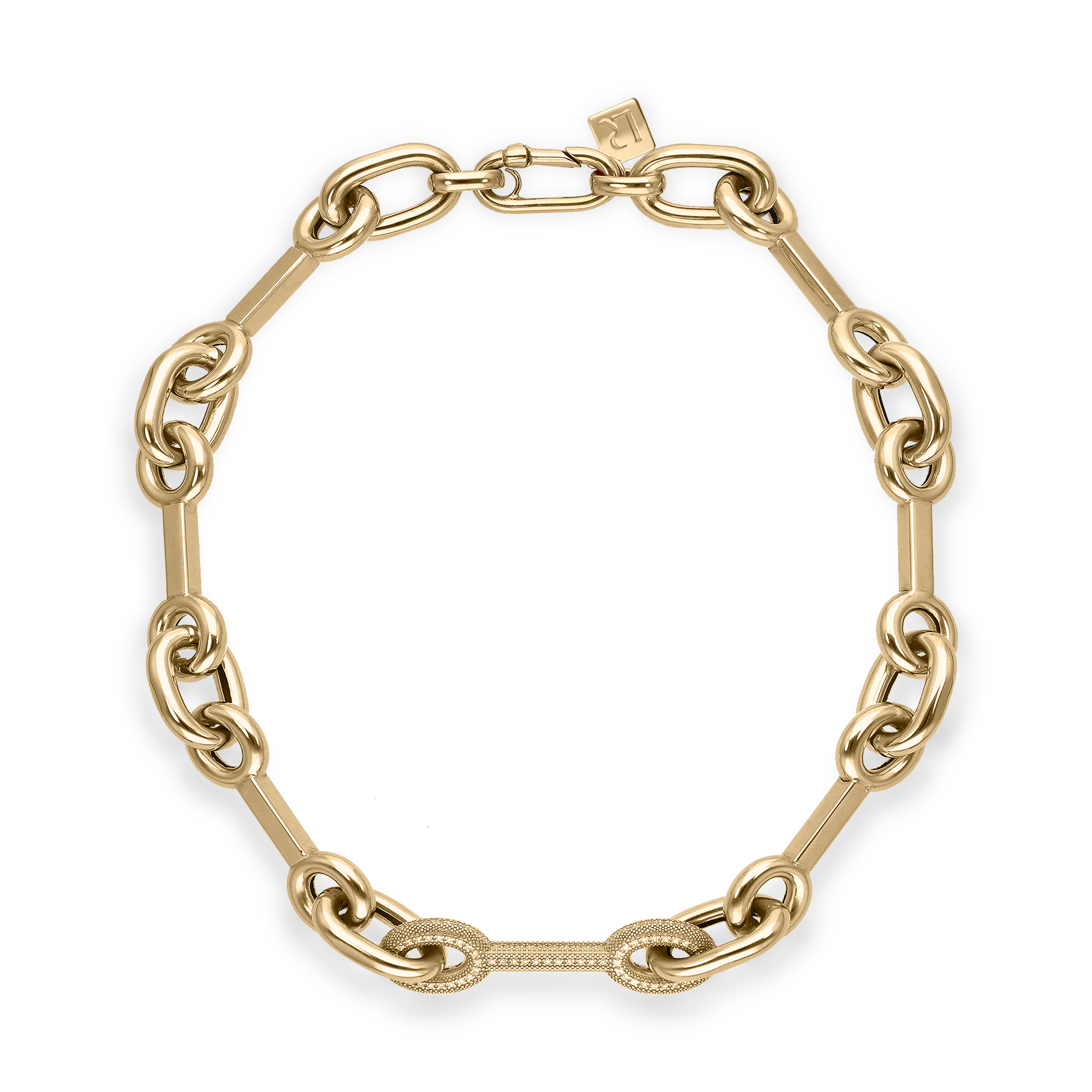 Jackie Yellow Gold Horse-Bit Links Necklace with one Central Link in White Diamonds