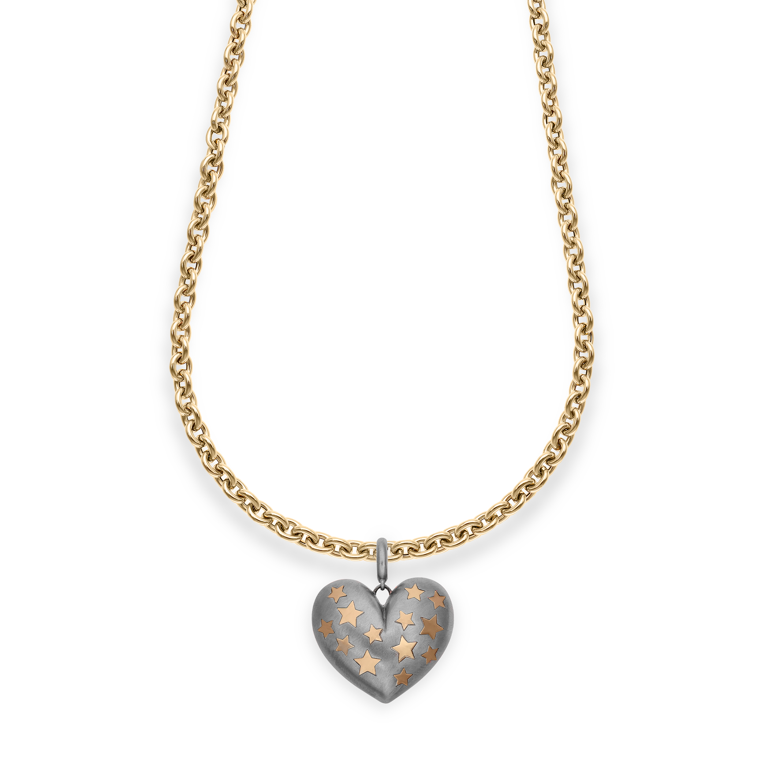 Paulette Brushed White Gold Heart with Yellow Gold Stars Pendant on Long Chain