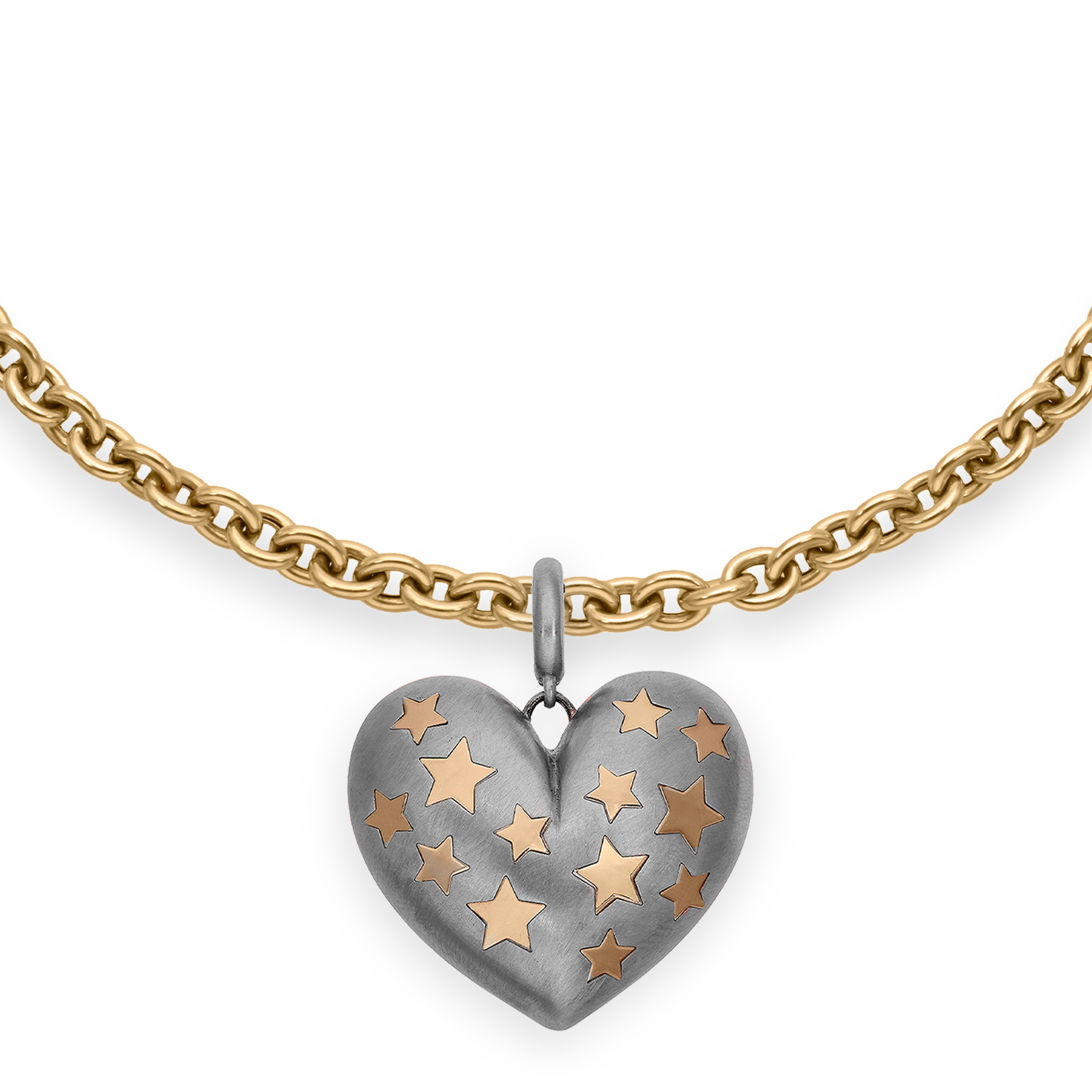 Paulette Brushed White Gold Heart with Yellow Gold Stars Pendant on Long Chain