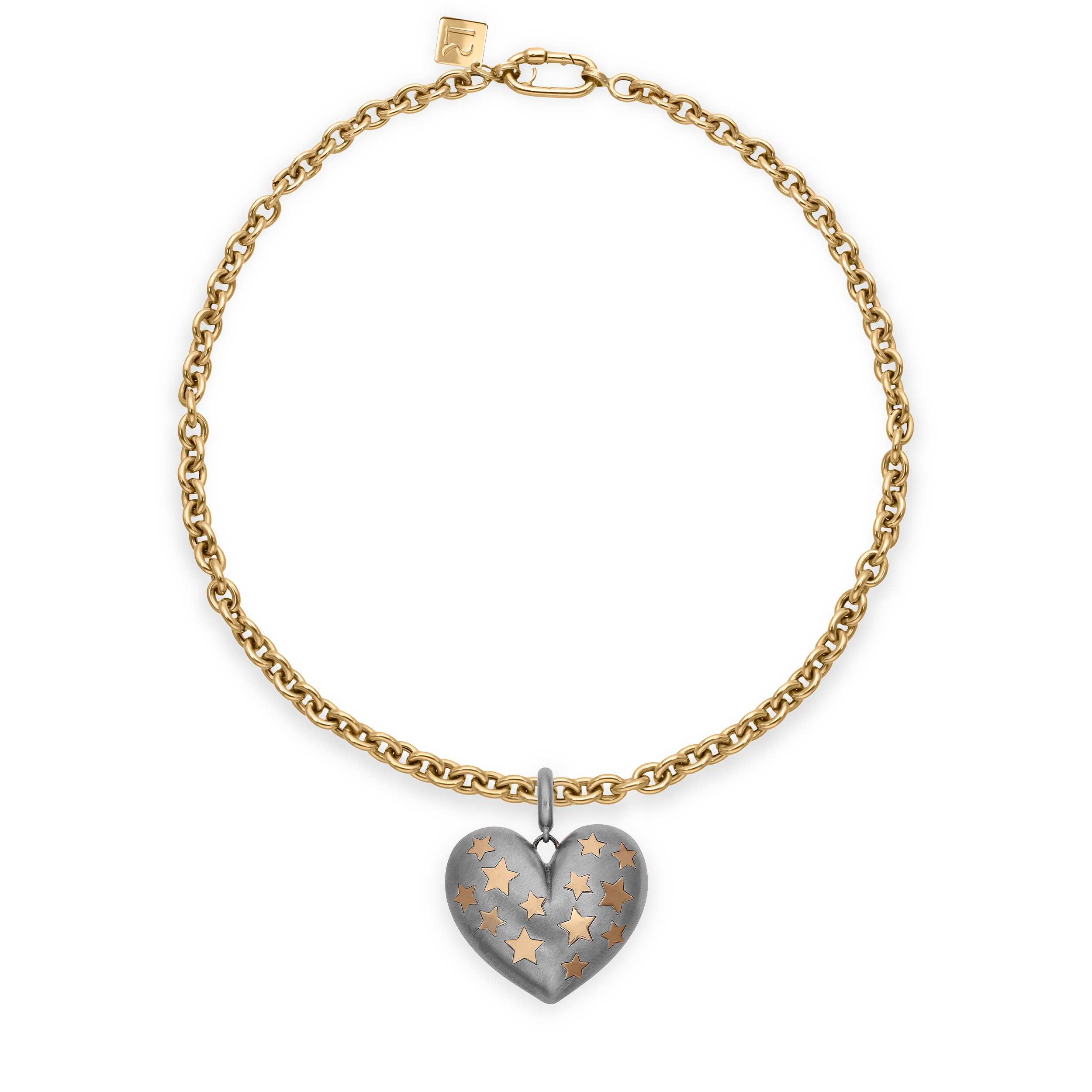 Paulette Brushed White Gold Heart with Yellow Gold Stars Pendant on Necklace