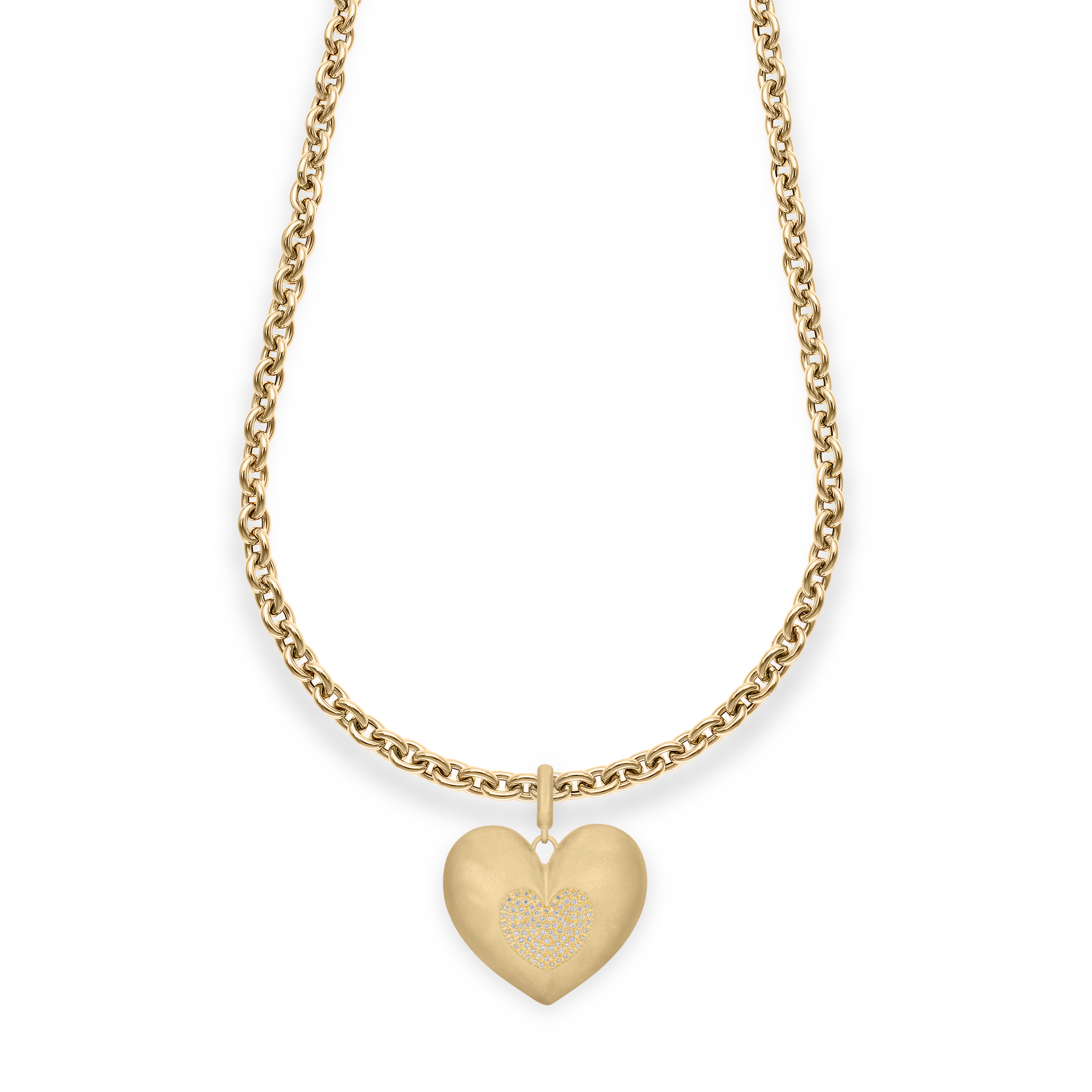 Paulette Brushed Yellow Gold Heart with Diamond Heart Pendant on Long Chain 