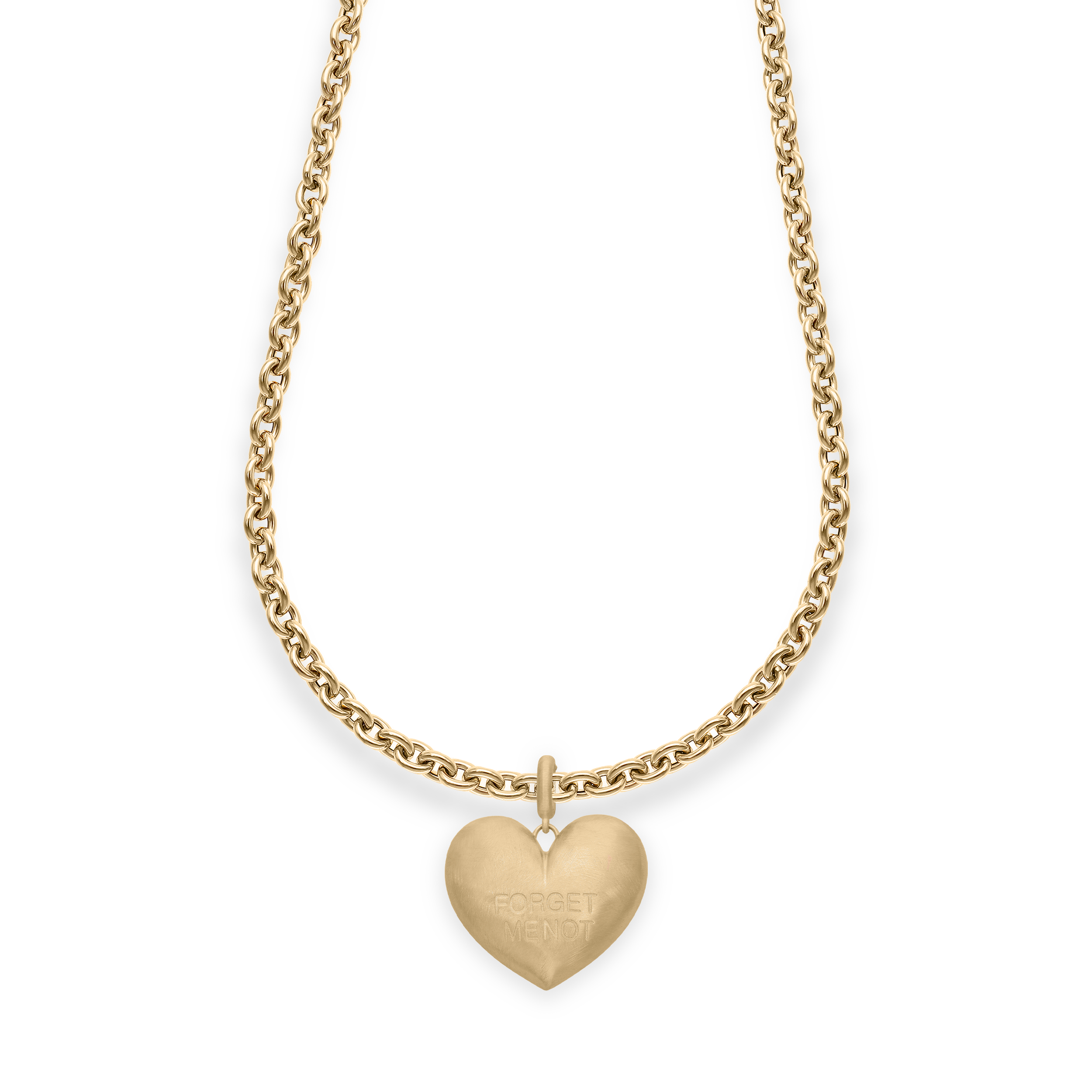Paulette Brushed Yellow Gold "Forget Me Not" Heart Pendant on Long Chain