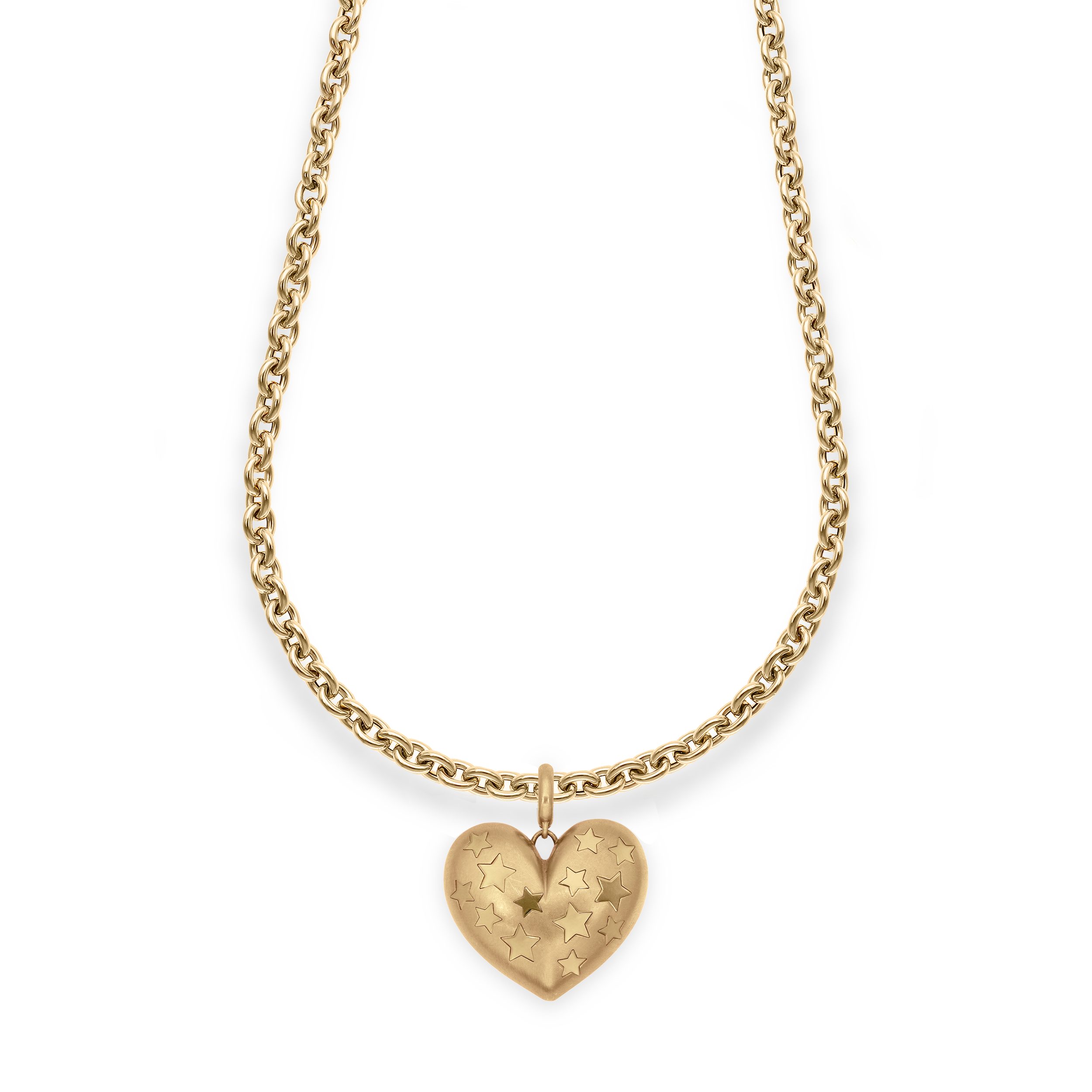 Paulette Brushed Yellow Gold Heart With Yellow Gold Stars Pendant on Long Chain 