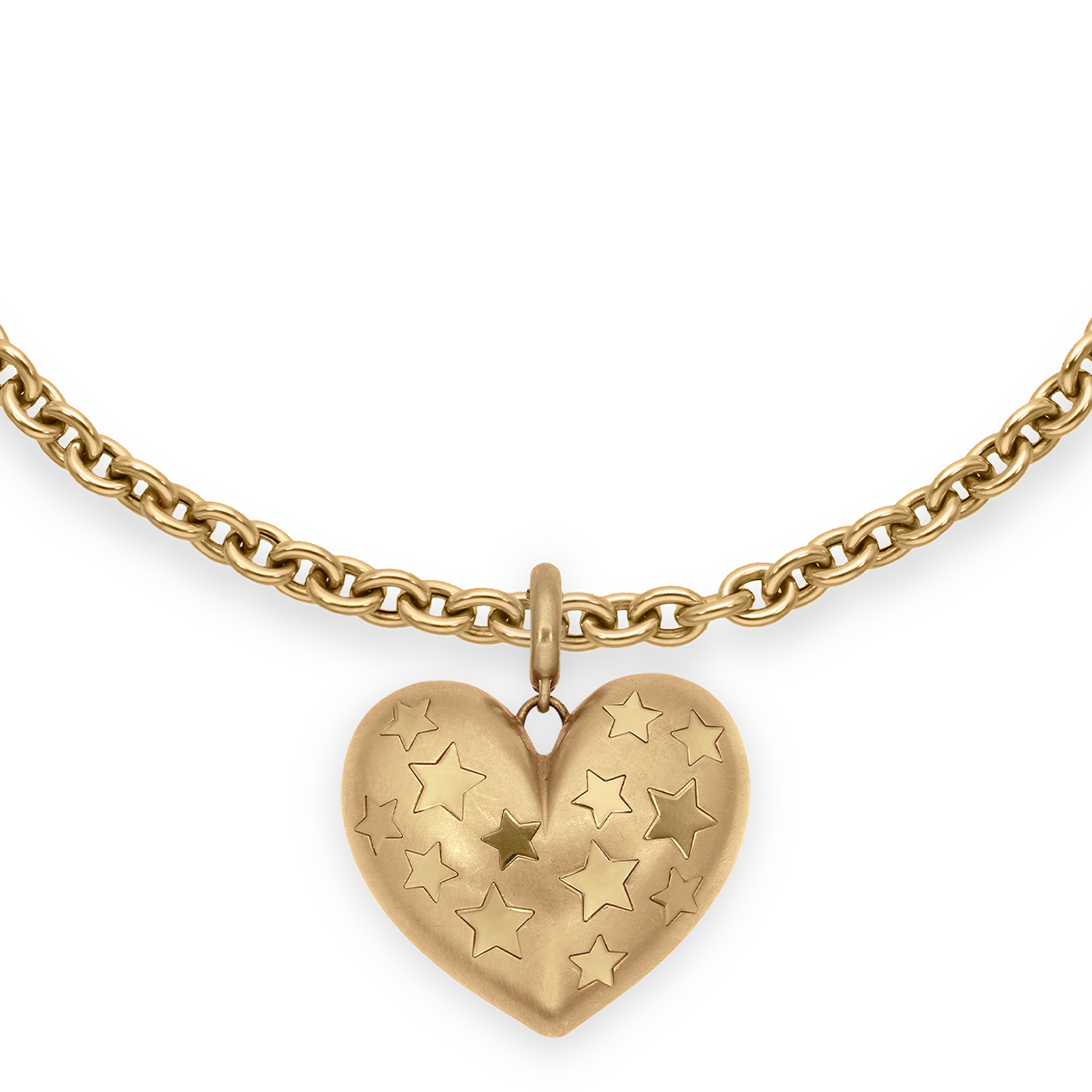 Paulette Brushed Yellow Gold Heart With Yellow Gold Stars Pendant on Necklace