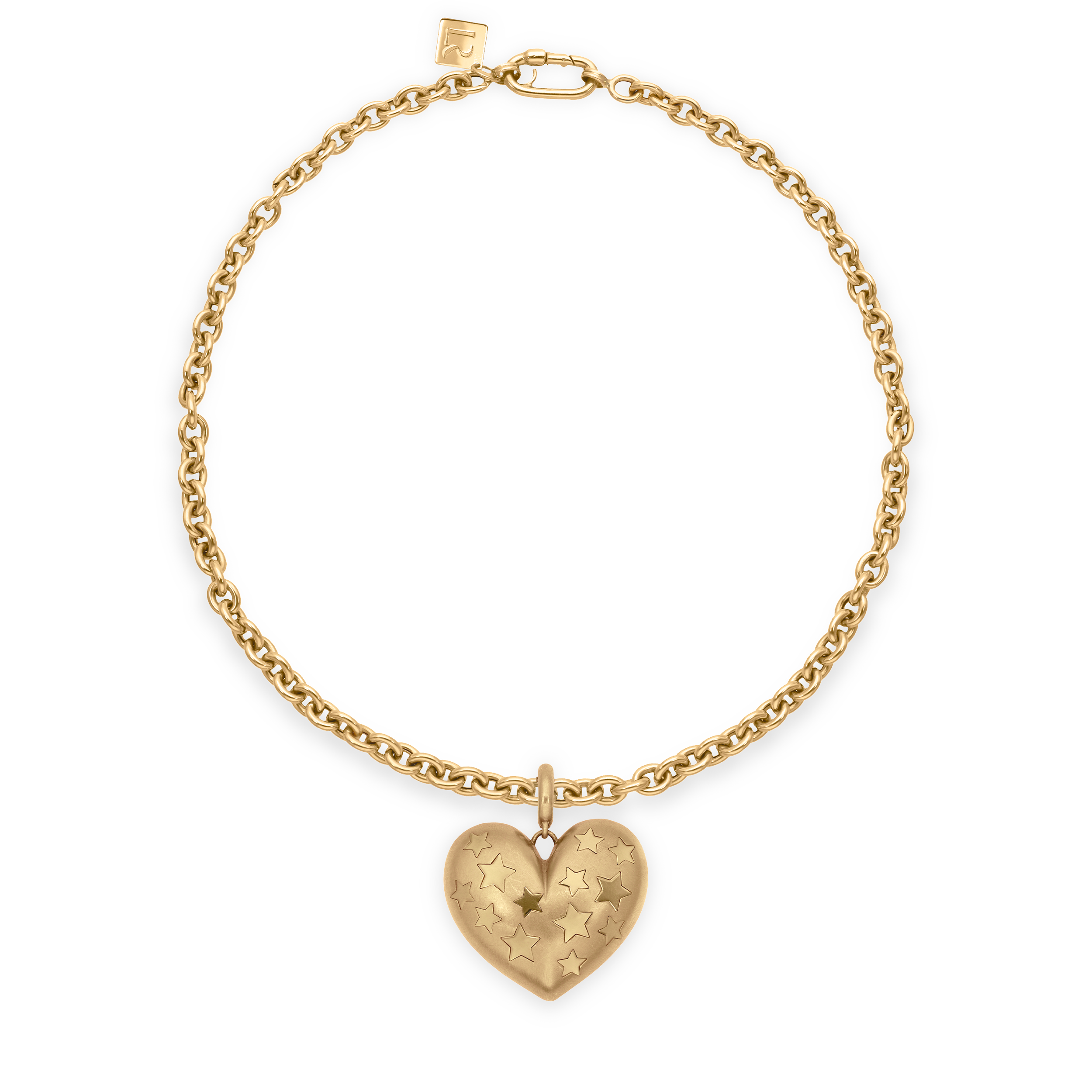 Paulette Brushed Yellow Gold Heart With Yellow Gold Stars Pendant on Necklace