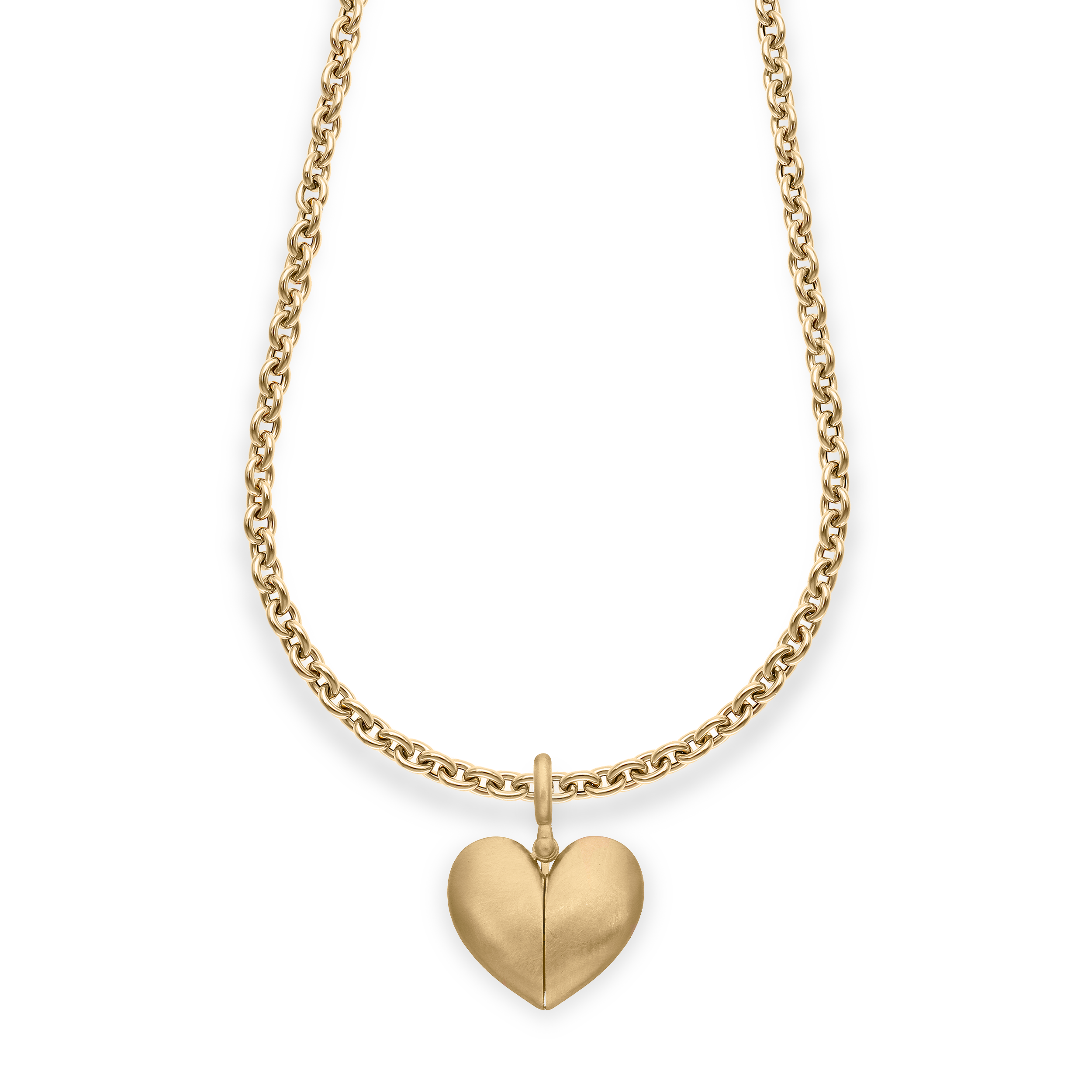Paulette Brushed Yellow Gold "Open Heart" Pendant on Long Chain