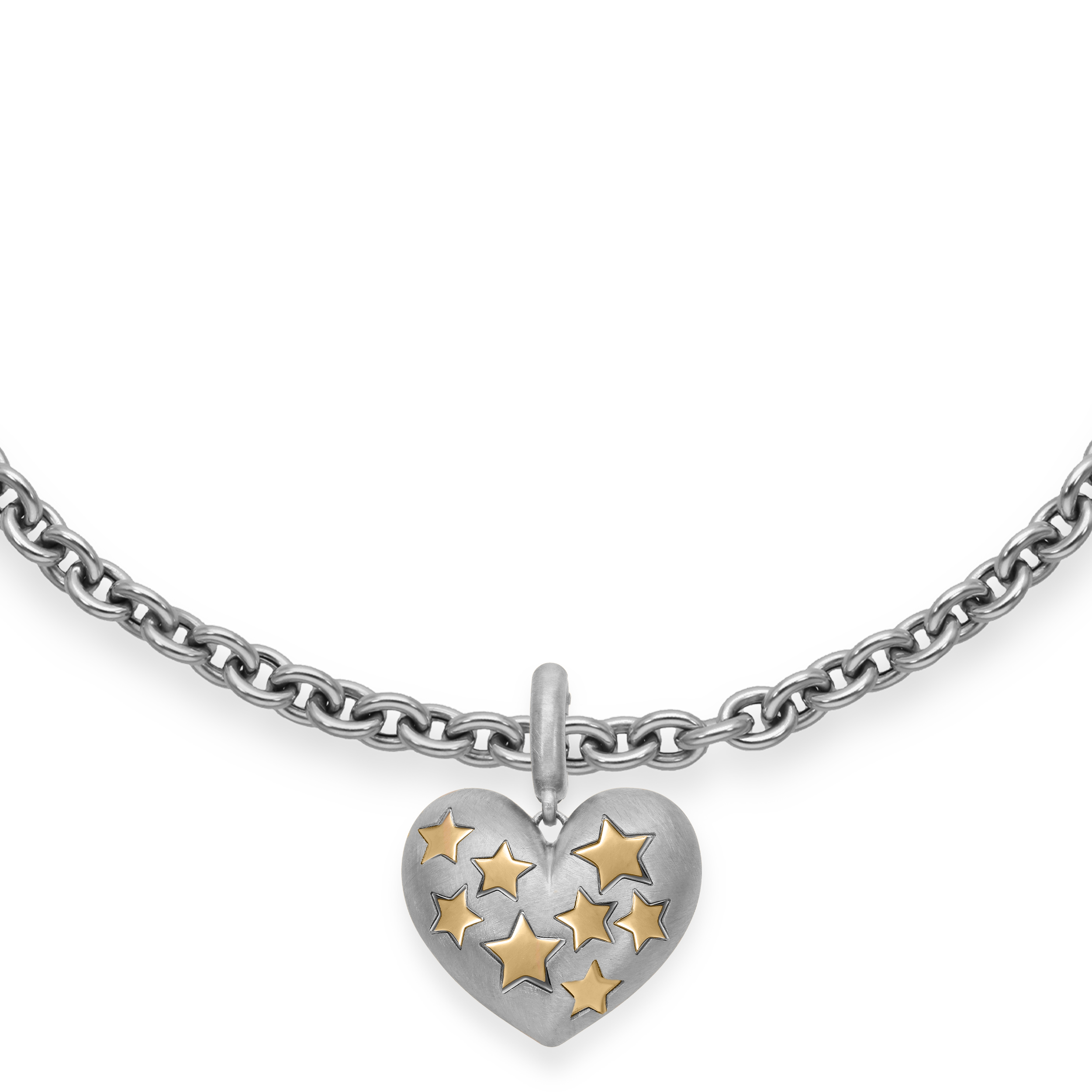 Paulette Brushed White Gold Baby Heart with Yellow Gold Stars Pendant on Necklace